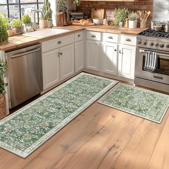 Yamaziot 2x8 Washable Hallway Runner Rug Non Slip Floral Carpet, Sage Green | - Image 3