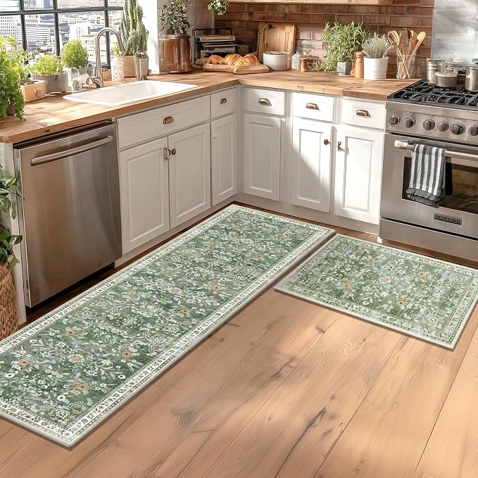 Yamaziot 2x3+2x5Ft Washable Kitchen Rug Set of 2 Non Slip, Sage Green | Soft - Image 3