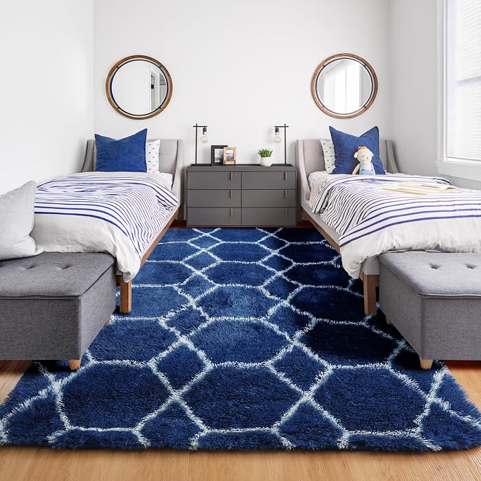 5x7 Area Rugs for Living Room Boys Bedroom, Fluffy Navy Blue and White Rug | - Image 7