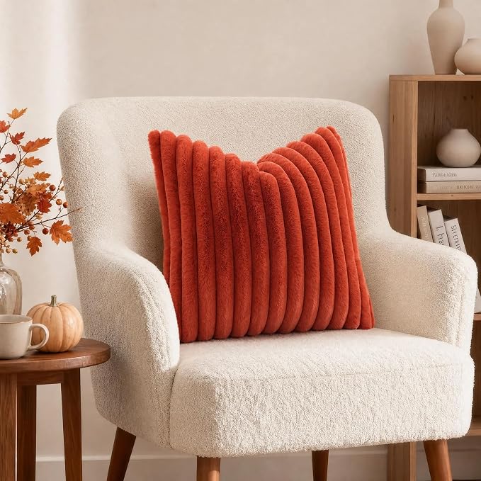 decorUhome Fall Faux Fur Throw Pillow Covers 16x16 Set of 2 Rust | Decorative - Image 4