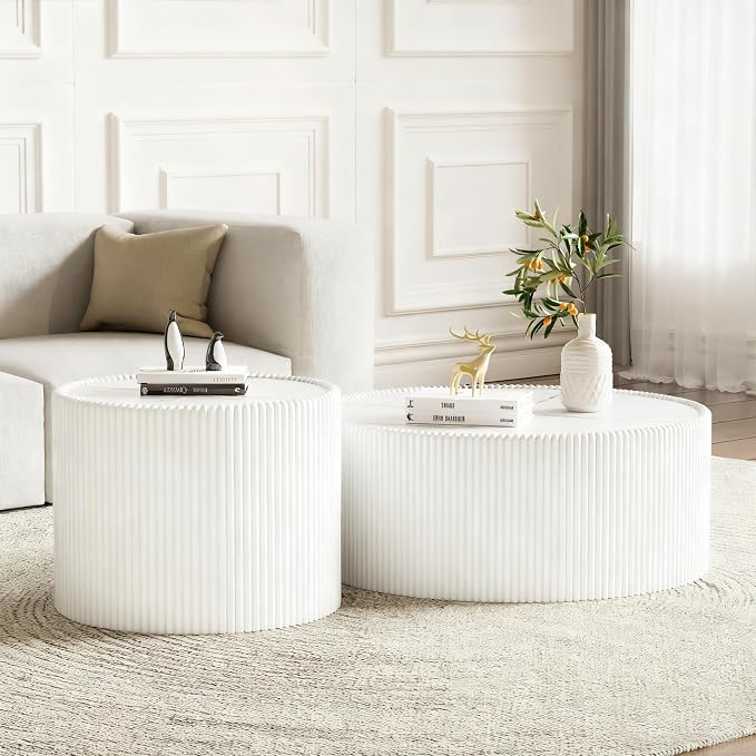 White Marble Coffee Table Set of 2, 29.52" Round Flued Coffee Table and End by Henf