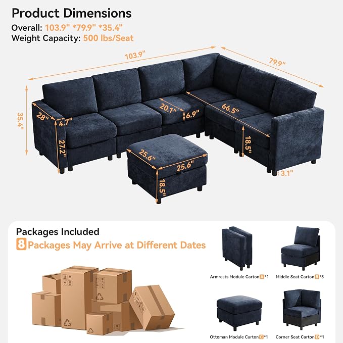 104'' V Shaped Modular Sofa, Sectional Couch - Image 2