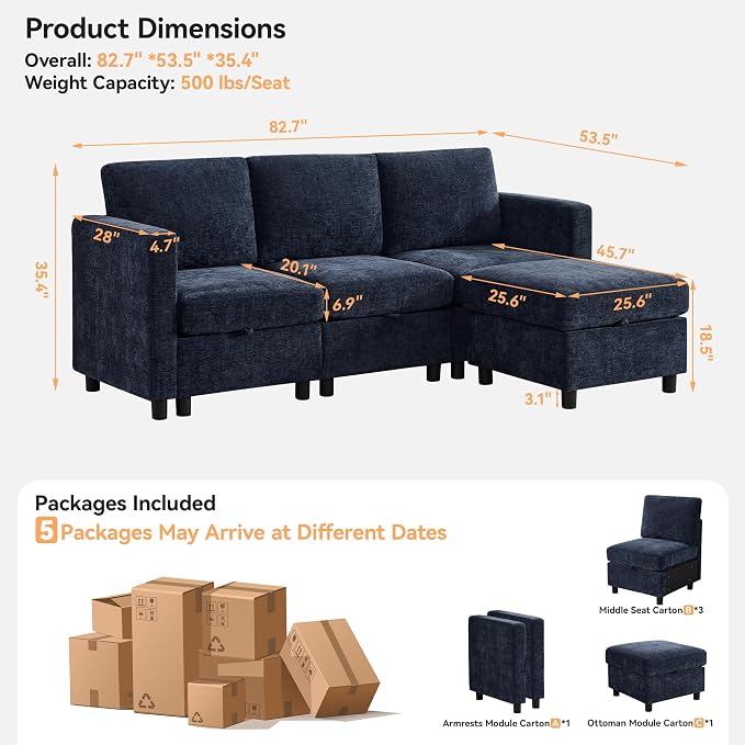 WUTUTUEE 83'' Modular Sectional Sofa Convertible L Shaped Couch Set - Image 2
