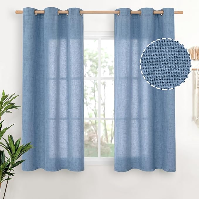YoungsTex Blue Short Linen Curtains 45 Inches Length, Bronze Grommet Light by YoungsTex