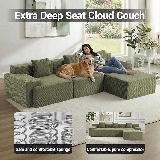 119'' Modular L-Shaped Boneless Sectional, Corduroy Deep Seat Cloud Sectional - Image 3