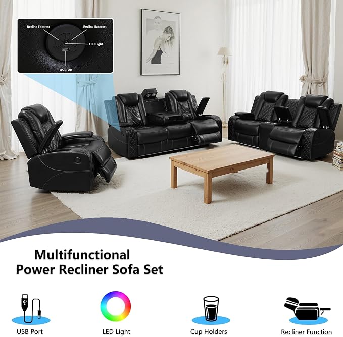 Power Recliner Sofa Set with LED, Air Leather Reclining Sofa Set, 3 Piece - Image 4