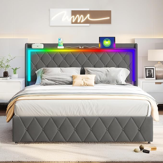 Modern Multi-Color LED Light Queen Bed Frame by BIOEVER