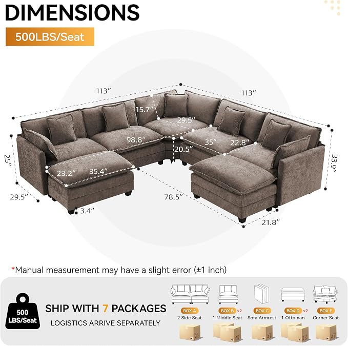 113'' V Shaped Cloud Sectional Sofa, Oversized Deep Seat Couches - Image 2
