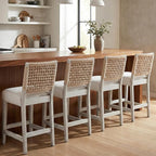 27" White Bar Stools for Kitchen Counter, Mid Century Linen Fabric Counter by DMFurniture