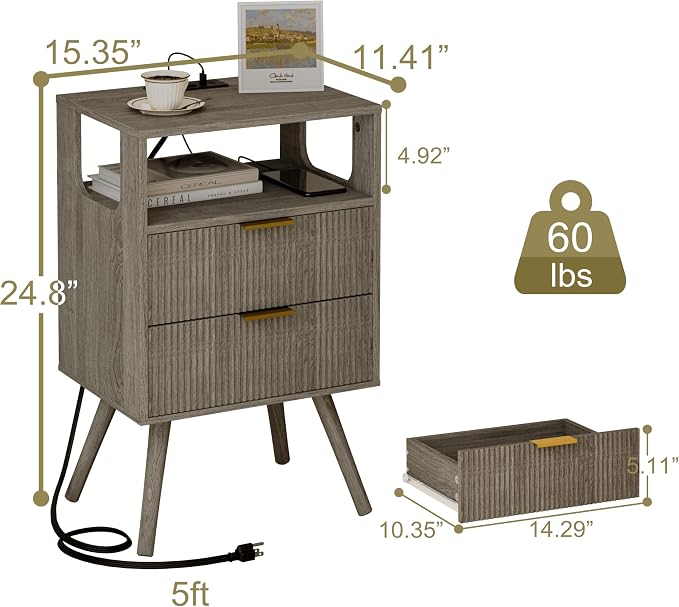 JOONEE Nightstand with Charging Station and LED Lights, Modern Bedside Table - Image 2