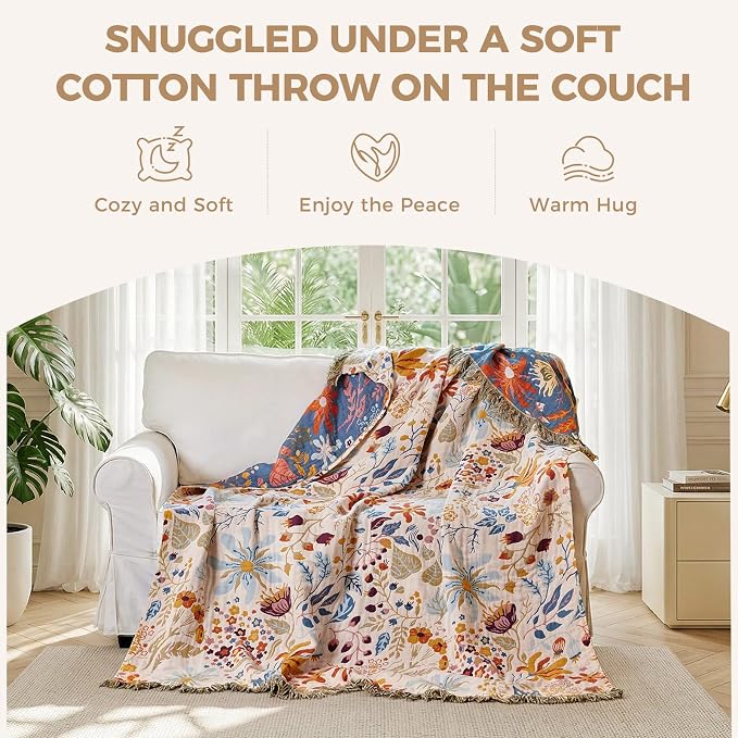 LUTBM Boho Throw Blanket with Florals & Leaves Embroidery Reversible - Image 4