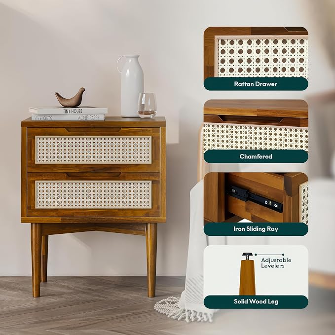 Bme Oliver Solid Wood Rattan Nightstand/Side Table/End Table, Fully Assembled - Image 3