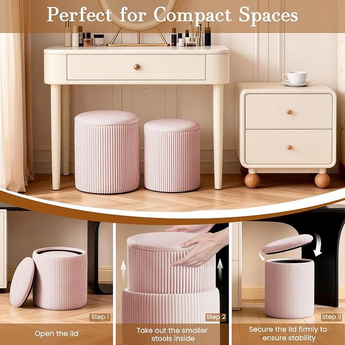 Set of 2 Round Storage Ottomans, Velvet Footstool Pouf - Image 7