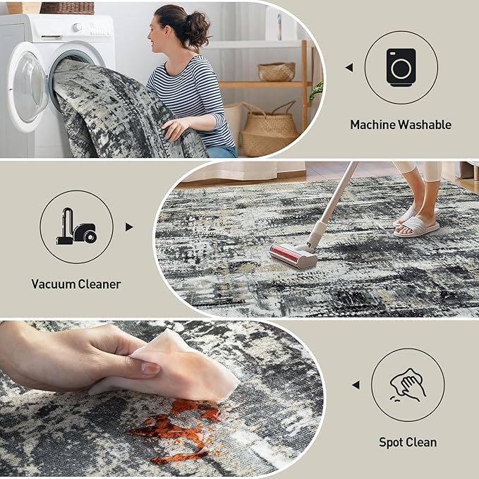 9x12 Area Rugs for Living Room: Washable Abstract Black Grey Gold Carpet | - Image 4