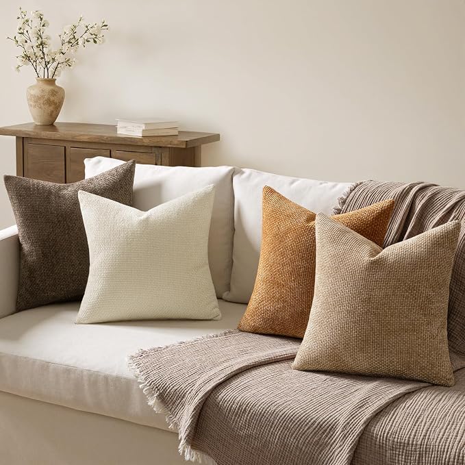 MIULEE Soft Decorative Chenille Fall Pillow Covers Brown 18x18 Pack of 4 | - Image 3