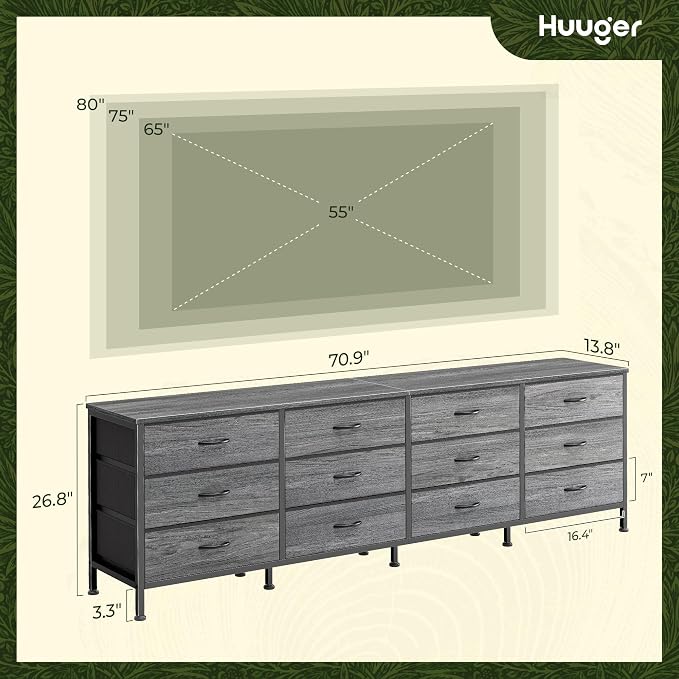 Huuger 70 Inch Dresser for Bedroom, TV Stand for 65, 80 Inch TV, 12 Fabric - Image 3