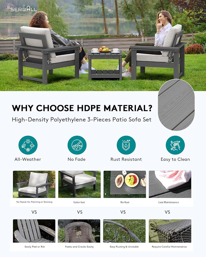 SERWALL HDPE Patio Sofa Set, 3-piece Sectional Outdoor Furniture Set, All - Image 3
