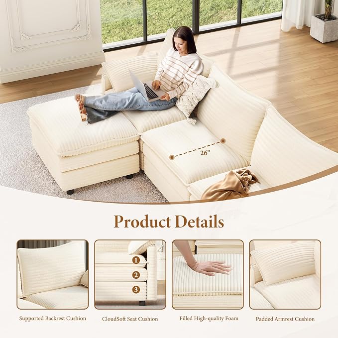 Vesgantti 108" U Shaped Sectional Couch, Comfy Cloud Modular Sectional Sofa - Image 3