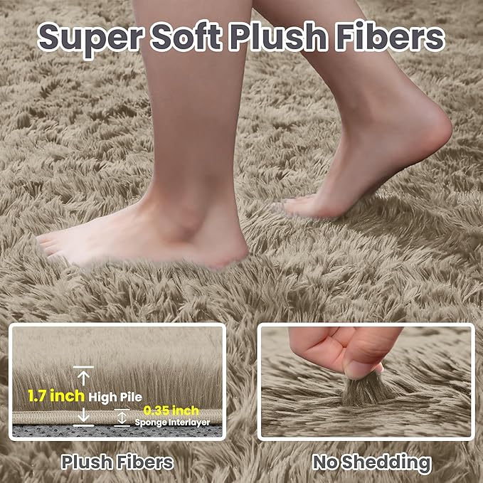 5x8 Fluffy Shag Area Rugs for Living Room Bedroom: Soft Carpet Gray Camel | - Image 5