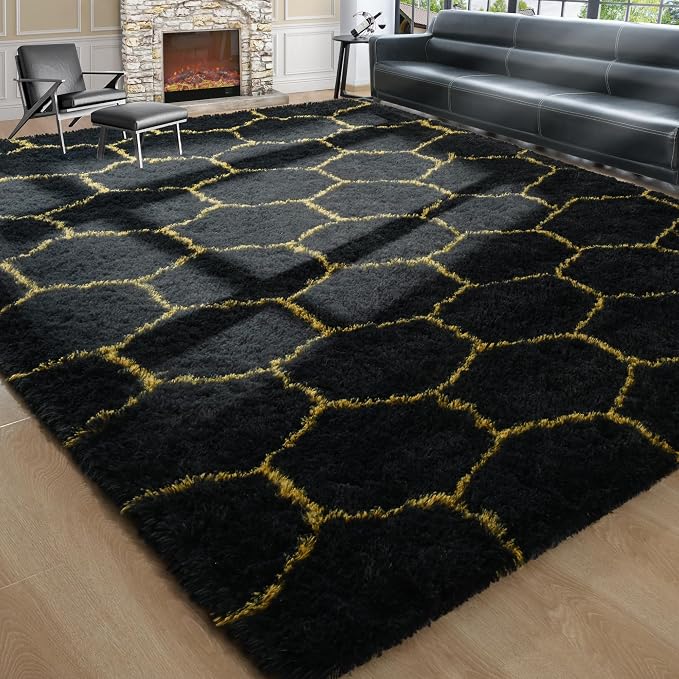 6x9 Large Black Gold Fluffy Soft Area Rug Non-Slip - Image 9