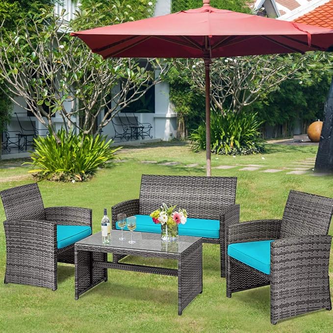 Tangkula 4 PCS Wicker Patio Conversation Set, Outdoor Rattan Sofas - Image 3