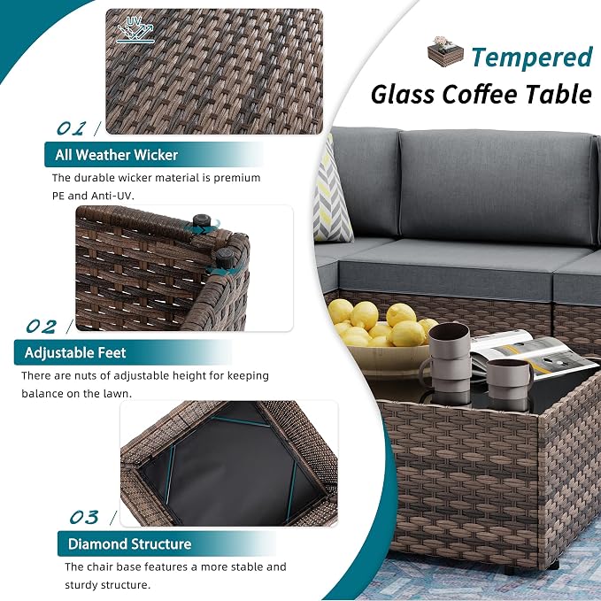 SUNLEI 5 Piece Patio Furniture Sets, Low Back All-Weather Rattan Sectional Sofa - Image 3