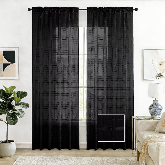 SpaceDresser Check Sheer Curtains 108 Inches Long by SpaceDresser