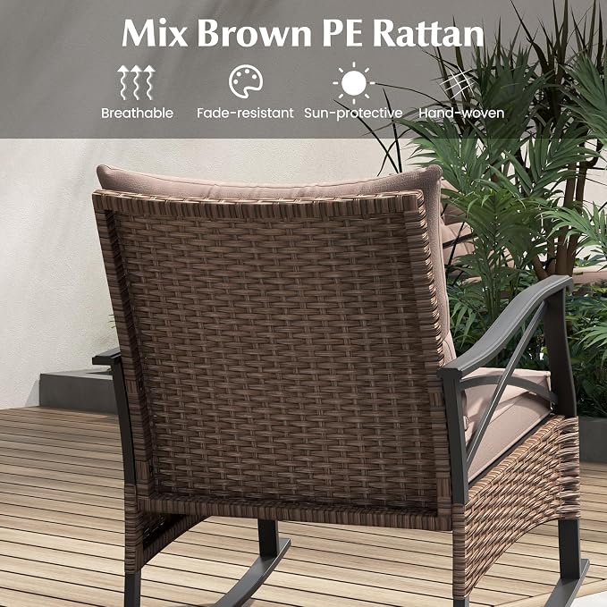 Tangkula 3 Pieces Outdoor Rocking Chairs Set, Rattan Heavy Duty Cushioned - Image 3