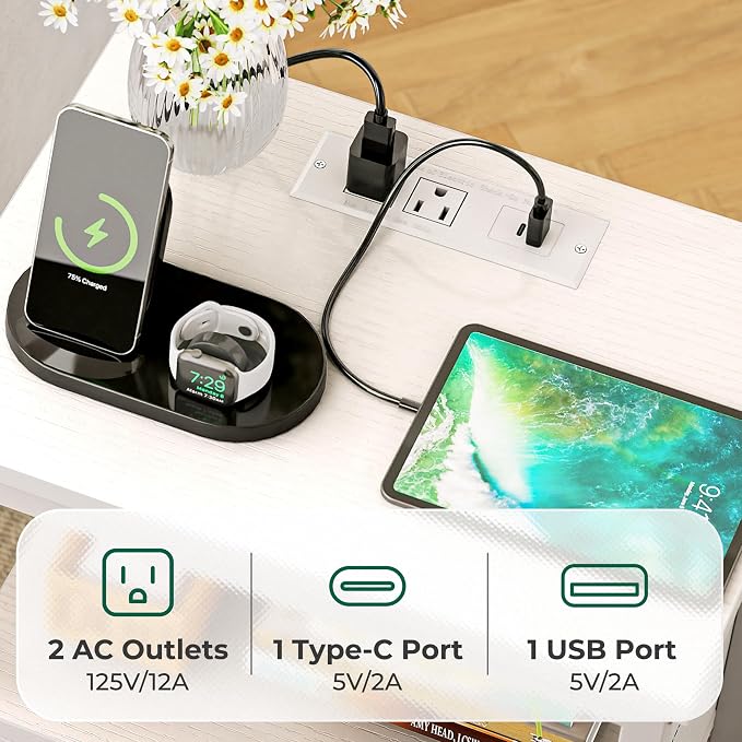 Huuger Nightstand with Charging Station, Side Table with 2 Fabric Drawers - Image 5