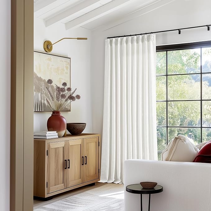 Extra Wide Pinch Pleat 84 Inch Curtains 60 Inch Wide Beige White | Memory - Image 5