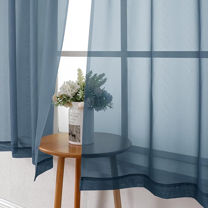 Dusty Blue Sheer Curtains 54 Inch Length 2 Panels, Light Filtering Voile - Image 3