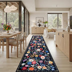 PLHXFR 2.6x14 Washable Runner Rug：Floral Indoor Kitchen Soft Carpet Black | - Image 4