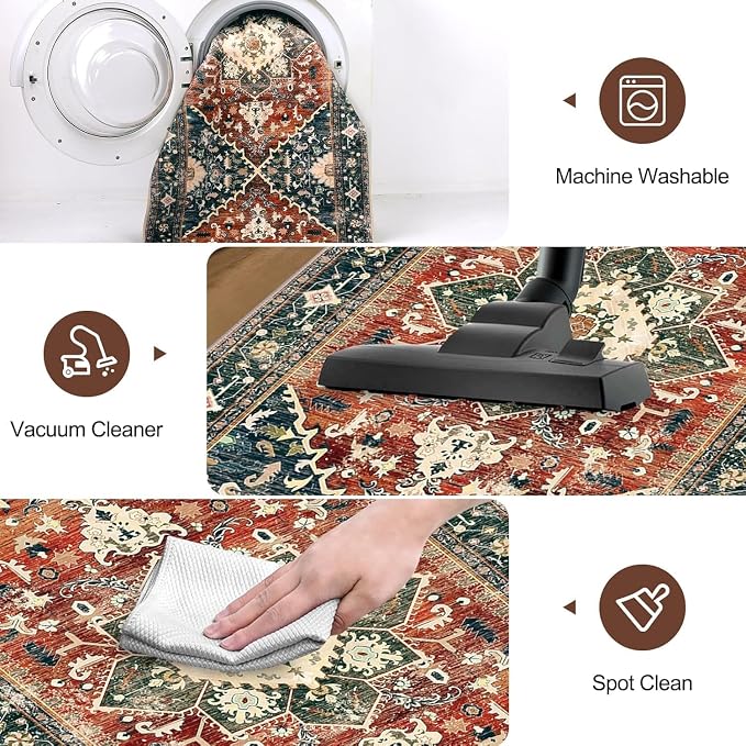 Yamaziot Washable Runner Rug, 3x8 Non-Slip Boho Vintage Hallway Kitchen Rug | - Image 4
