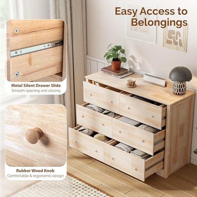 VINGLI 6 Drawer Dresser with Unfinished Solid Wood - Image 9