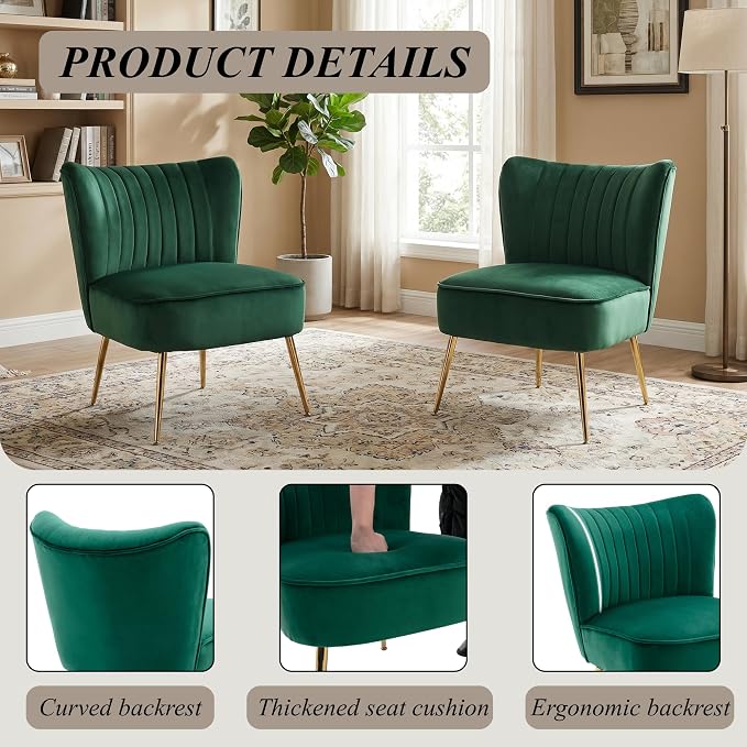 Velvet Accent Chair Set of 2 Comfy Living Room Chairs - Image 6