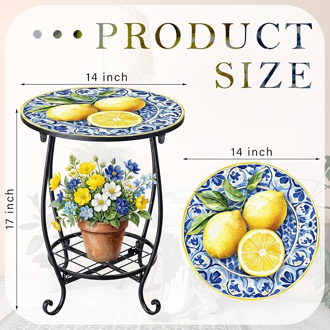 Cinnvoice Outdoor Side Table Round Small Mosaic Patio Accent Indoor End Plant - Image 3