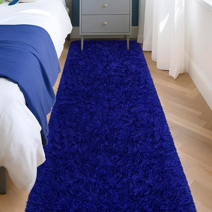 2x8 Bedside Area Rugs for Bedroom Soft Fluffy Shag Navy Blue Rug for Hallway - Image 3