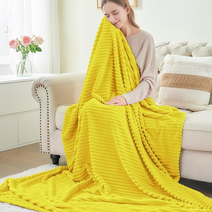 BEDELITE 3D Ribbed Jacquard Yellow Fleece Twin Blanket - Image 4