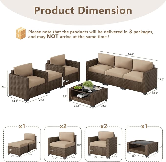 LOUVIXA 7 Piece Outdoor Patio Furniture Set, Rattan Chairs Glass Table Wicker - Image 2
