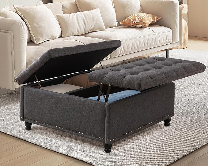 36" Large Square Ottoman with Storage, Tufted Upholstered Storage Ottoman with by UTOASIS