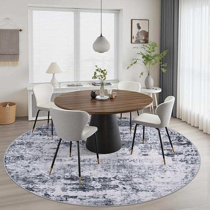 Round Area Rug Living Room: 6 ft Modern Washable Carpet Grey | - Image 3