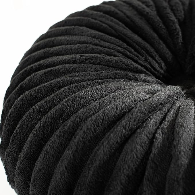 HIG Set of 2 Black Flannel Decorative Round Pleated Throw Pillows | Vintage - Image 3