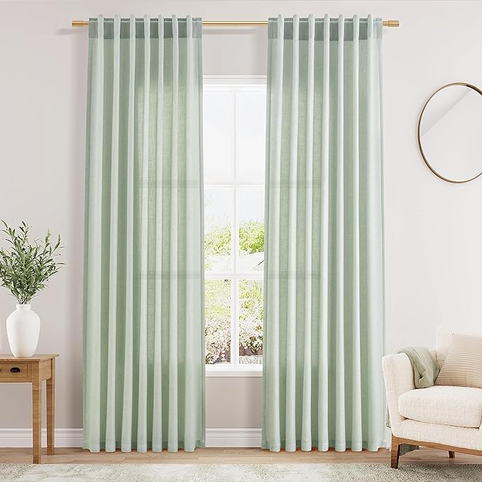 Aqua Green Linen Curtains 84 Inch Length 2 Panels Set by Nanspring
