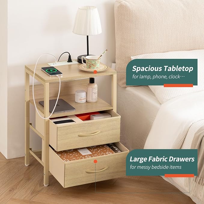Yoobure Nightstand with Charging Station, Small Night Stand with Fabric Drawers - Image 5