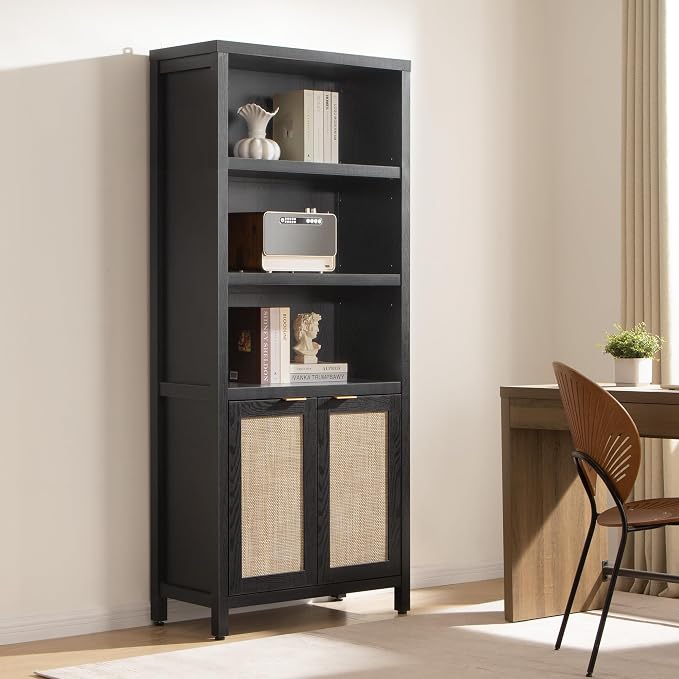 SICOTAS Bookcase 71" Tall Bookshelf 5 Tier Rattan Boho Bookcase - Image 8