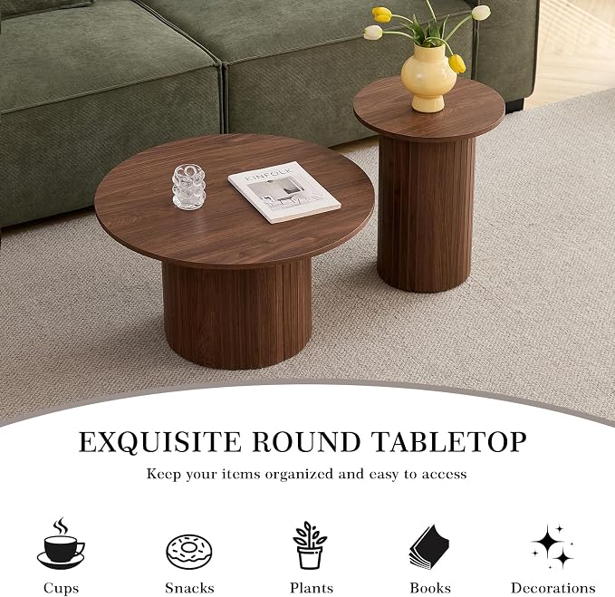 Round Nesting Coffee Table Set of 2 Mid Century Modern Wood Round Coffee Tables - Image 4