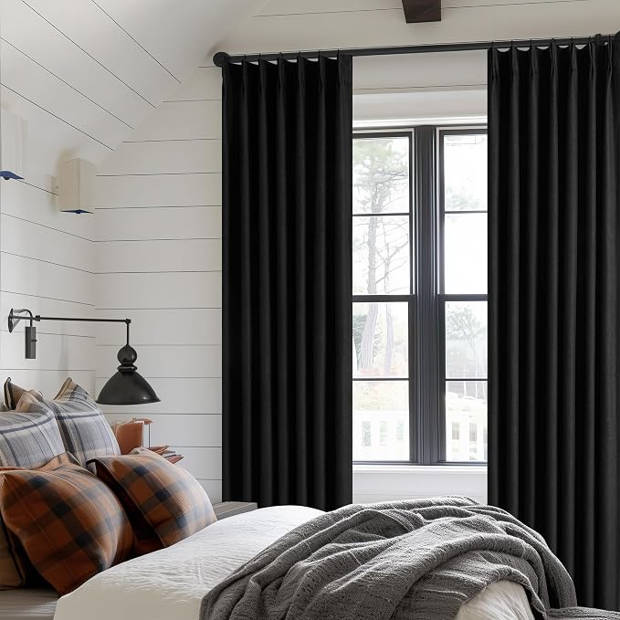 Black Pinch Pleated 100% Blackout Linen Bedroom Curtains 96 Inch Length | - Image 7