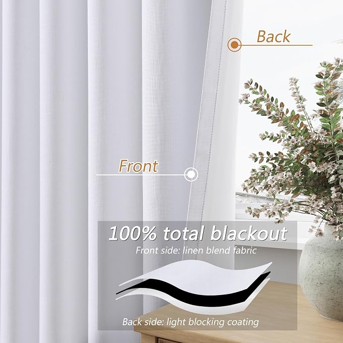 White 100% Blackout Linen Curtains 52 Inch Wide by 134 Inch - Image 4
