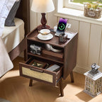 Lerliuo Rattan Nightstand with Charging Station, Walnut Bedside Table with - Image 8
