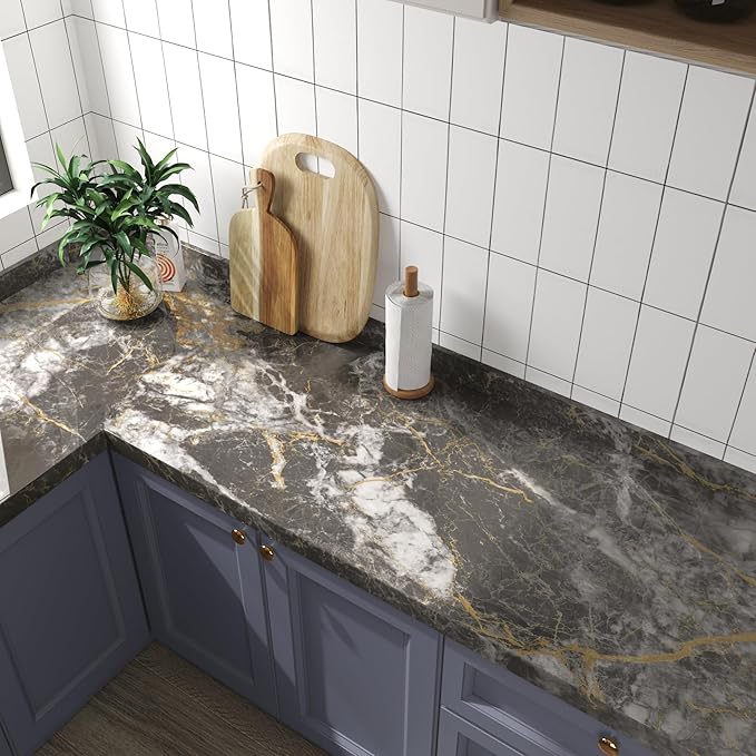 BAYYA 48"x80" Extra Wide Marble Contact Paper Grey/Gold Glossy Marble Wallpaper - Image 3